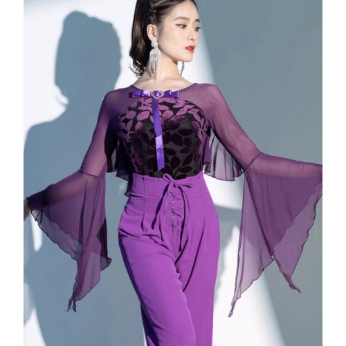 Black purple velvet ballroom Latin dancing top woman Modern national standard waltz tango flamenco dance body suits Flared long-sleeved one-piece training suit